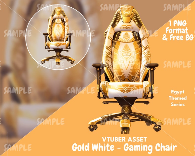 Pode incluir: Uma cadeira de jogo dourada e branca com um design tem&aacute;tico eg&iacute;pcio. A cadeira tem um encosto alto, bra&ccedil;os ajust&aacute;veis e um assento confort&aacute;vel. A cadeira est&aacute; sobre uma base preta com cinco rodas.