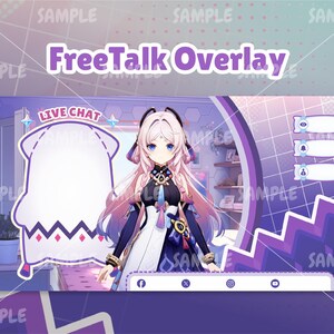 Pode incluir: Overlay Twitch roxo e branco com um personagem de desenho animado, uma caixa de bate-papo e &iacute;cones de m&iacute;dia social. O texto "Free Talk Overlay" est&aacute; no topo do overlay.