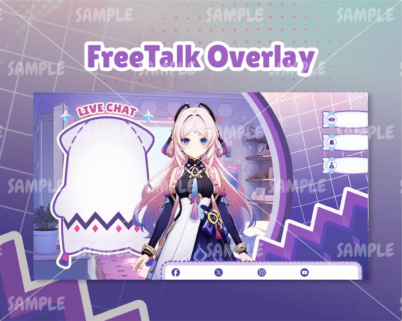 Pode incluir: Overlay Twitch roxo e branco com um personagem de desenho animado, uma caixa de bate-papo e &iacute;cones de m&iacute;dia social. O texto "Free Talk Overlay" est&aacute; no topo do overlay.