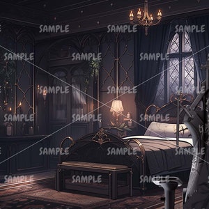 May include: A dark bedroom with a large bed, a black throne, and a young girl sitting on the throne. The room is decorated with dark wood and black accents. The girl is wearing a black dress with a white collar and a black bow tie. She has long black hair and brown eyes.