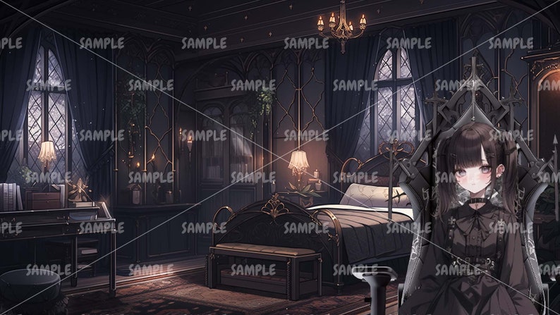 May include: A dark bedroom with a large bed, a black throne, and a young girl sitting on the throne. The room is decorated with dark wood and black accents. The girl is wearing a black dress with a white collar and a black bow tie. She has long black hair and brown eyes.