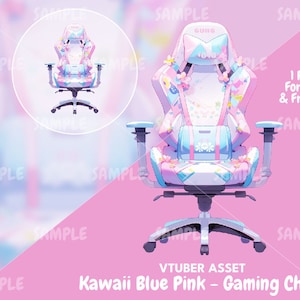 K&ouml;nnte beinhalten: Ein Kawaii Blue Pink Gaming-Stuhl mit floralem Design. Der Stuhl hat ein wei&szlig;es, blaues und rosa Farbschema mit dem Text "GURG" auf der Kopfst&uuml;tze. Der Stuhl hat Armlehnen und ein F&uuml;nf-Rollen-Gestell. Das Bild enth&auml;lt auch ein kleineres kreisf&ouml;rmiges Bild des Stuhls.