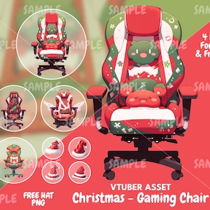 Może przedstawiać: Czerwono-zielone krzesło gamingowe w świątecznym stylu z wzorem białych i czerwonych płatk&oacute;w śniegu. Krzesło ma pluszowe, czerwone zagł&oacute;wek i zielono-białą poduszkę. Krzesło jest na k&oacute;łkach i ma czarną podstawę. Obraz zawiera r&oacute;wnież r&oacute;żne świąteczne czapki.