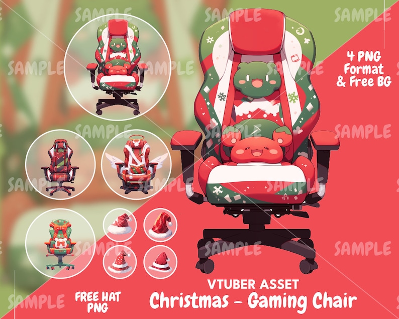 Może przedstawiać: Czerwono-zielone krzesło gamingowe w świątecznym stylu z wzorem białych i czerwonych płatk&oacute;w śniegu. Krzesło ma pluszowe, czerwone zagł&oacute;wek i zielono-białą poduszkę. Krzesło jest na k&oacute;łkach i ma czarną podstawę. Obraz zawiera r&oacute;wnież r&oacute;żne świąteczne czapki.