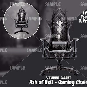 May include: Black gaming chair with a skull and gothic design. The chair has a high back and armrests. The chair is on a black background with the text "Ash of Hell - Gaming Chair" and "VTUBER ASSET".