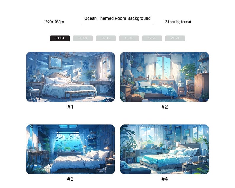 May include: Four digital illustrations of a bedroom with an ocean theme. Each illustration features a bed with blue and white bedding, a window with a view of the ocean, and various ocean-themed decorations. The illustrations are numbered 1 through 4.
