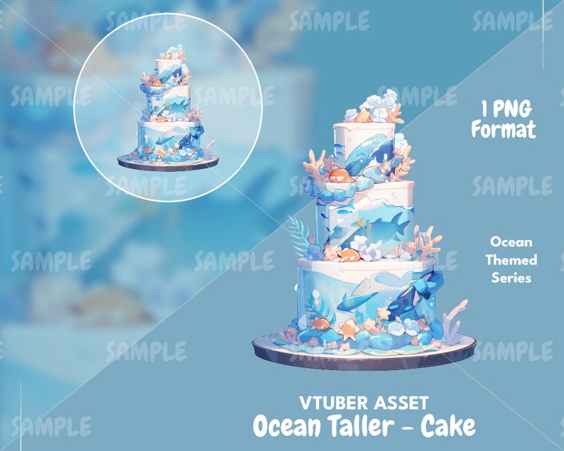 Puede incluir: Un pastel de cuatro pisos decorado con un tema oce&aacute;nico. El pastel es blanco con glaseado azul y blanco. El pastel est&aacute; decorado con coral, conchas, estrellas de mar y peces. El pastel est&aacute; en un plato azul y blanco.