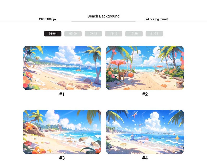 以下が含まれることがあります： ヤシの木、青い水、白い砂浜のビーチシーンを描いたデジタルイラスト4点。イラストはカートゥーンスタイルで、ビーチパラソル、ボート、ヒトデなど、さまざまなディテールが描かれています。