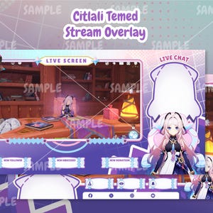 Pode incluir: Overlay de stream Twitch roxo e azul com uma tela ao vivo, chat ao vivo e alertas de doa&ccedil;&otilde;es, seguidores e assinantes. O overlay apresenta um personagem de desenho animado com cabelo roxo longo e uma roupa branca e azul.
