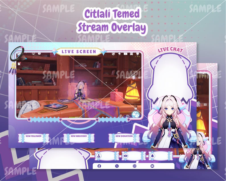 Pode incluir: Overlay de stream Twitch roxo e azul com uma tela ao vivo, chat ao vivo e alertas de doa&ccedil;&otilde;es, seguidores e assinantes. O overlay apresenta um personagem de desenho animado com cabelo roxo longo e uma roupa branca e azul.