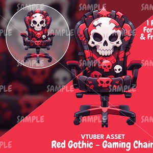 May include: Red and black gaming chair with a skull design. The chair has a high back, armrests, and a five-star base.
