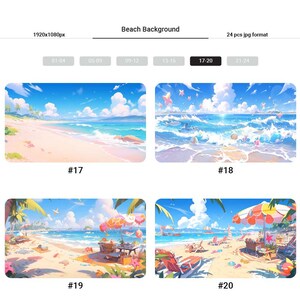 以下が含まれることがあります： ビーチのシーンを描いたデジタルイラストが4つあります。最初の画像は、青い水、白い砂浜、ヤシの木のあるビーチです。2番目の画像は、青い水、白い砂浜、水の中にいくつかのヒトデがあるビーチです。3番目の画像は、青い水、白い砂浜、ヤシの木、赤と白の傘のあるピクニックブランケットのあるビーチです。4番目の画像は、青い水、白い砂浜、ヤシの木、赤と白の傘とビーチチェアのあるビーチです。