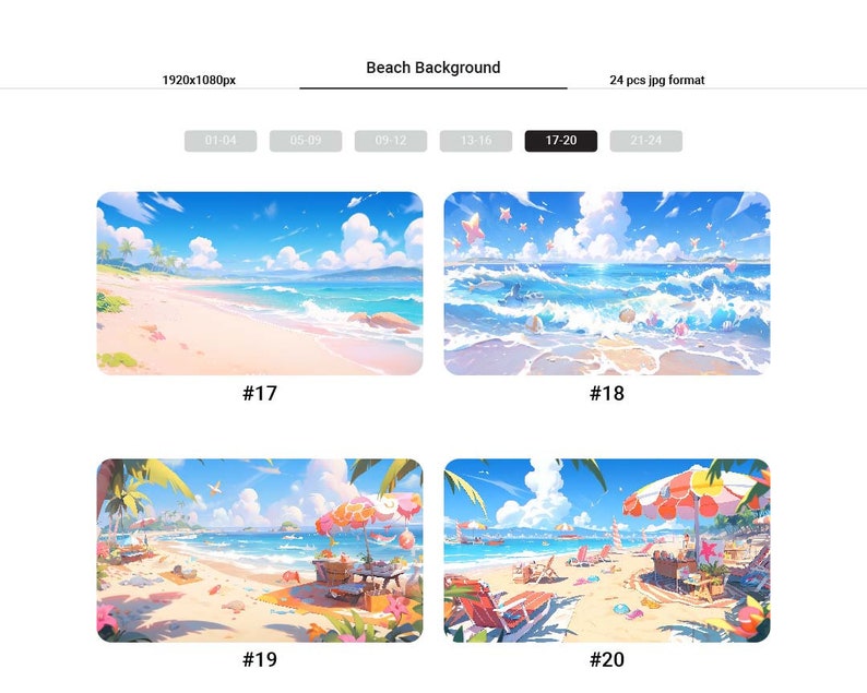以下が含まれることがあります： ビーチのシーンを描いたデジタルイラストが4つあります。最初の画像は、青い水、白い砂浜、ヤシの木のあるビーチです。2番目の画像は、青い水、白い砂浜、水の中にいくつかのヒトデがあるビーチです。3番目の画像は、青い水、白い砂浜、ヤシの木、赤と白の傘のあるピクニックブランケットのあるビーチです。4番目の画像は、青い水、白い砂浜、ヤシの木、赤と白の傘とビーチチェアのあるビーチです。