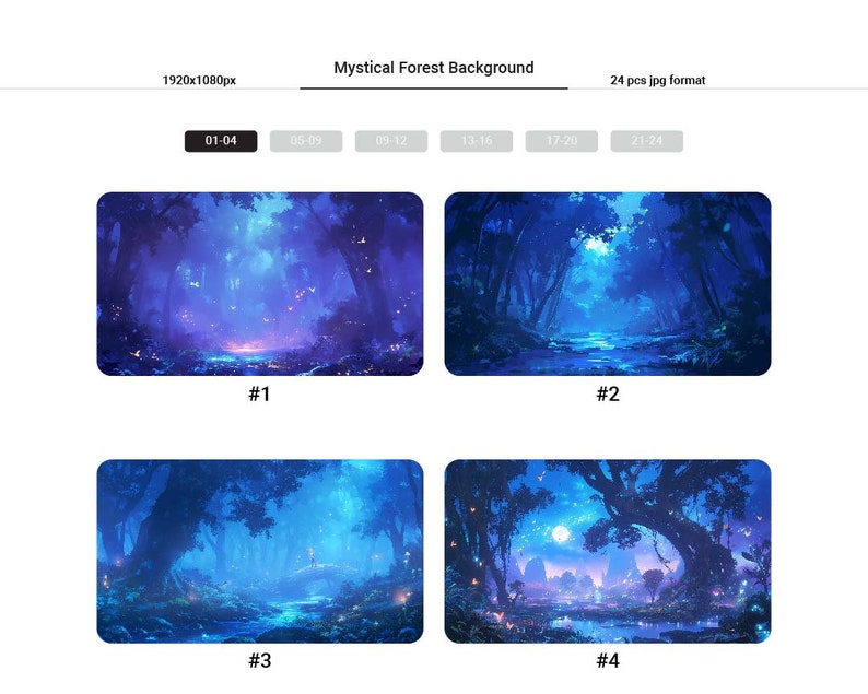 May include: Four digital illustrations of a mystical forest at night. Each image features a blue sky with stars and a full moon, a winding river, and tall trees with glowing lights. The images are numbered 1 through 4.