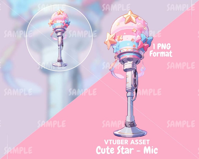 Puede incluir: Ilustraci&oacute;n digital de un micr&oacute;fono con un dise&ntilde;o caprichoso. El micr&oacute;fono presenta una parte superior rosa y blanca adornada con estrellas y lazos, un tallo plateado y el texto "VTUBER ASSET Cute Star - Mic". La imagen est&aacute; sobre un fondo rosa.