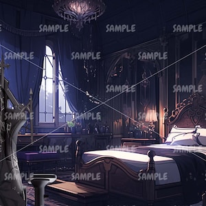 May include: A dark, gothic bedroom with a large, ornate bed and a black throne-like chair. A young woman with long black hair and a black dress sits in the chair. The room is decorated with dark wood and velvet curtains.