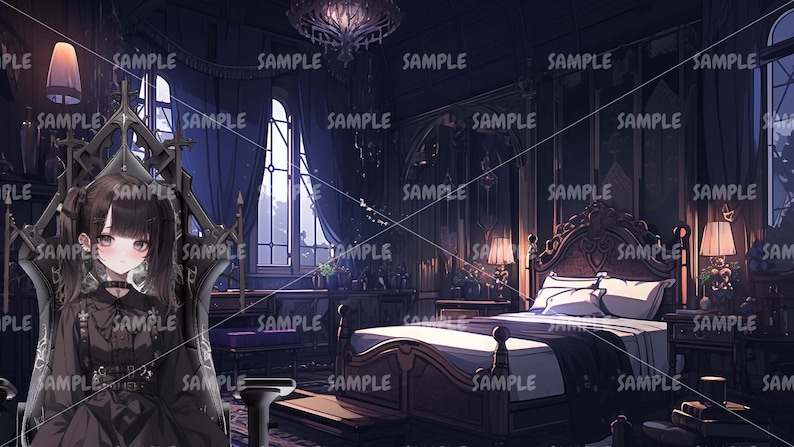 May include: A dark, gothic bedroom with a large, ornate bed and a black throne-like chair. A young woman with long black hair and a black dress sits in the chair. The room is decorated with dark wood and velvet curtains.