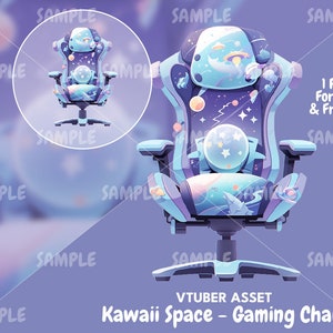 Puede incluir: Una silla de juego azul y morada con un diseño de temática espacial. La silla tiene un estampado de galaxia con estrellas, planetas y una luna. La silla tiene un reposacabezas y un soporte lumbar. La silla está sobre un fondo blanco. 1 PNG Format & Free BG