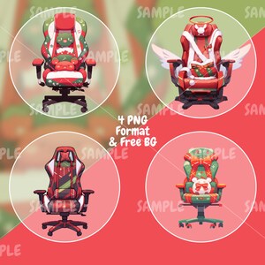 Może przedstawiać: Cztery świąteczne krzesła gamingowe o r&oacute;żnych wzorach. Krzesła są czerwone i zielone z białymi akcentami. Jedno krzesło ma białe futerko i skrzydła anioła. Inne krzesło ma pluszowego misia na zagł&oacute;wku. Krzesła są umieszczone na rozmytym tle w kolorze czerwonym i zielonym.