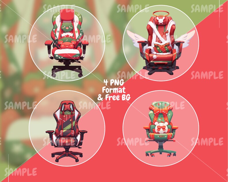 Może przedstawiać: Cztery świąteczne krzesła gamingowe o r&oacute;żnych wzorach. Krzesła są czerwone i zielone z białymi akcentami. Jedno krzesło ma białe futerko i skrzydła anioła. Inne krzesło ma pluszowego misia na zagł&oacute;wku. Krzesła są umieszczone na rozmytym tle w kolorze czerwonym i zielonym.