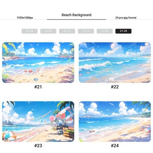 以下が含まれることがあります： 青い水、白い砂浜、ヤシの木のあるビーチのシーンを描いたデジタルイラストが4つあります。空は白雲のある青い空です。イラストは21から24まで番号が付けられています。