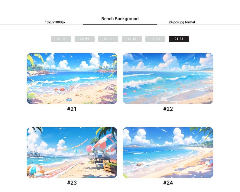 以下が含まれることがあります： 青い水、白い砂浜、ヤシの木のあるビーチのシーンを描いたデジタルイラストが4つあります。空は白雲のある青い空です。イラストは21から24まで番号が付けられています。