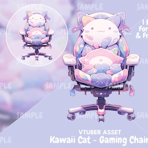 Kawaii Cat Gaming Chair: VTuber Asset + Backgrounds (PNG)