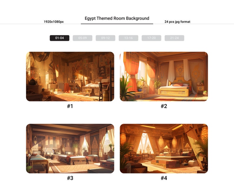 Puede incluir: Cuatro ilustraciones digitales de una habitaci&oacute;n con tem&aacute;tica egipcia. La primera imagen muestra una habitaci&oacute;n con una cama, una mesa y una ventana. La segunda imagen muestra una habitaci&oacute;n con una cama, una mesa y una ventana. La tercera imagen muestra una habitaci&oacute;n con una cama, una mesa y una ventana. La cuarta imagen muestra una habitaci&oacute;n con una cama, una mesa y una ventana.