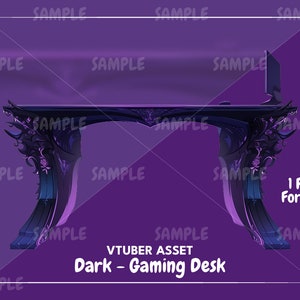 Op de afbeelding: Een donkerpaarse gaming-bureaustoel met ingewikkelde bloemmotieven en een zwarte monitor erop. De bureau heeft een gotische stijl met een gebogen ontwerp en een zwart-blauw kleurenschema. De bureau is een digitaal bestand in PNG-formaat.