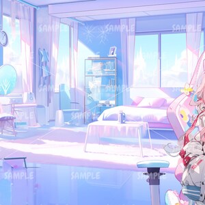 K&ouml;nnte beinhalten: Anime-Illustration eines lichtdurchfluteten Raumes mit einer jungen Frau. Der Raum verf&uuml;gt &uuml;ber ein Bett, einen Stuhl und ein gro&szlig;es Fenster. Die Frau hat rosa Haare und tr&auml;gt eine wei&szlig;e Jacke und ein schwarzes Hemd. Die Farbpalette ist weich, mit Blau- und Rosat&ouml;nen.