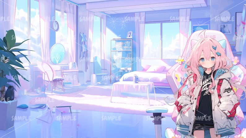 K&ouml;nnte beinhalten: Anime-Illustration eines lichtdurchfluteten Raumes mit einer jungen Frau. Der Raum verf&uuml;gt &uuml;ber ein Bett, einen Stuhl und ein gro&szlig;es Fenster. Die Frau hat rosa Haare und tr&auml;gt eine wei&szlig;e Jacke und ein schwarzes Hemd. Die Farbpalette ist weich, mit Blau- und Rosat&ouml;nen.