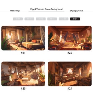 Puede incluir: Una ilustraci&oacute;n digital de una habitaci&oacute;n con tem&aacute;tica egipcia con una cama, muebles y plantas. La habitaci&oacute;n est&aacute; iluminada por la luz del sol que entra por las ventanas. La imagen es parte de un conjunto de 24 im&aacute;genes.