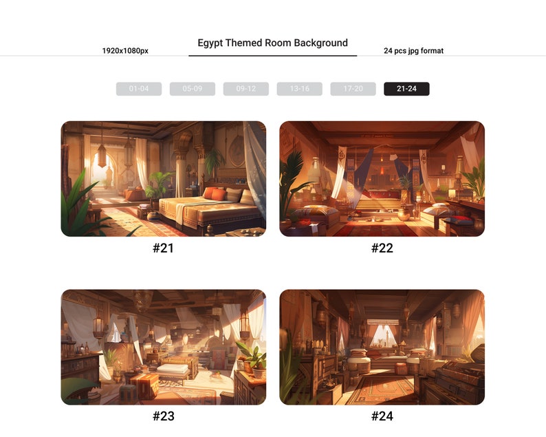 Puede incluir: Una ilustraci&oacute;n digital de una habitaci&oacute;n con tem&aacute;tica egipcia con una cama, muebles y plantas. La habitaci&oacute;n est&aacute; iluminada por la luz del sol que entra por las ventanas. La imagen es parte de un conjunto de 24 im&aacute;genes.