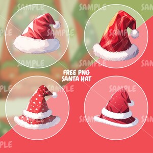 Może przedstawiać: Cztery r&oacute;żne style czerwonych czapek Świętego Mikołaja z białym wykończeniem. Czapki mają r&oacute;żne wzory, w tym kropki, kratę i jednolite czerwone wzornictwo.