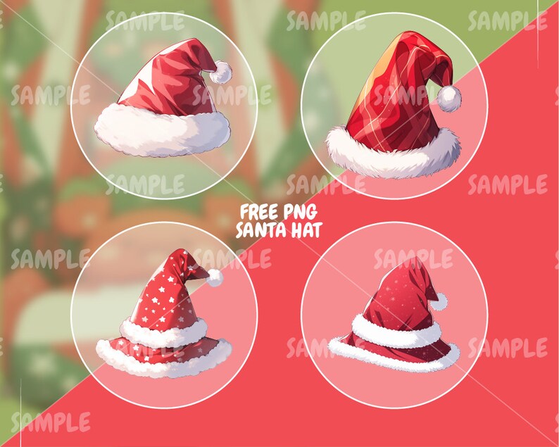 Może przedstawiać: Cztery r&oacute;żne style czerwonych czapek Świętego Mikołaja z białym wykończeniem. Czapki mają r&oacute;żne wzory, w tym kropki, kratę i jednolite czerwone wzornictwo.