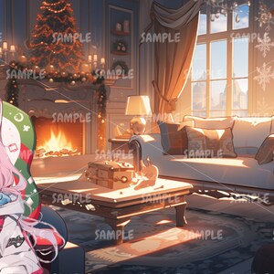 Może przedstawiać: Postać anime z r&oacute;żowymi włosami, ubrana w białą kurtkę z czerwono-niebieskim wzorem, siedzi na czerwono-zielonym fotelu gamingowym z czapką Świętego Mikołaja. Postać znajduje się w salonie z kominkiem, sofą i choinką.