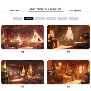 Puede incluir: Cuatro ilustraciones digitales de un interior de habitaci&oacute;n con tem&aacute;tica egipcia. La habitaci&oacute;n cuenta con una cama, muebles y elementos decorativos. Las ilustraciones est&aacute;n en una paleta de colores c&aacute;lidos con un enfoque en la iluminaci&oacute;n.