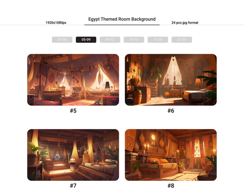 Puede incluir: Cuatro ilustraciones digitales de un interior de habitaci&oacute;n con tem&aacute;tica egipcia. La habitaci&oacute;n cuenta con una cama, muebles y elementos decorativos. Las ilustraciones est&aacute;n en una paleta de colores c&aacute;lidos con un enfoque en la iluminaci&oacute;n.