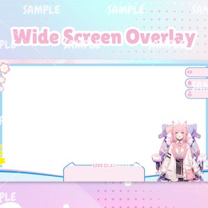 May include: A pink and blue wide screen overlay with a cartoon character in a pink and white outfit sitting in a chair. The overlay has a white space for a live stream, a chat box, and a section for alerts. The text "Wide Screen Overlay" is at the top of the overlay.