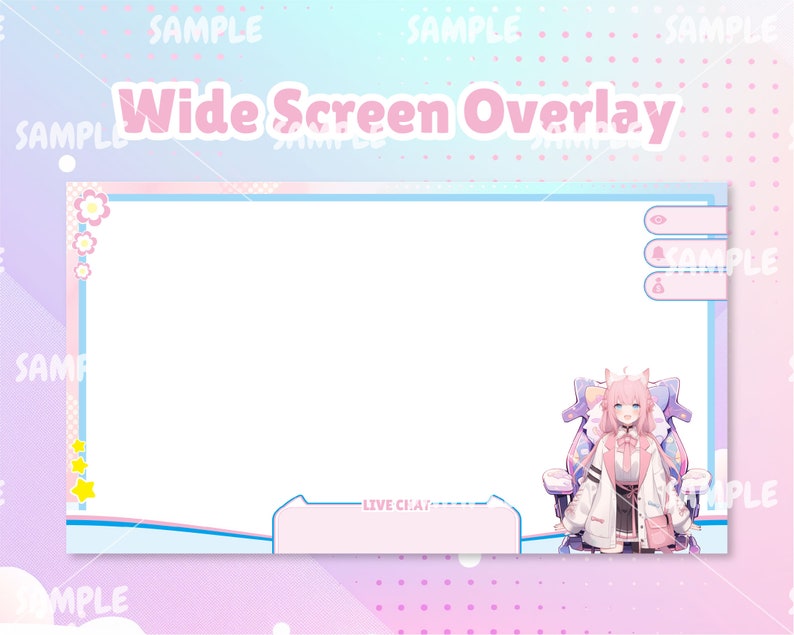 May include: A pink and blue wide screen overlay with a cartoon character in a pink and white outfit sitting in a chair. The overlay has a white space for a live stream, a chat box, and a section for alerts. The text "Wide Screen Overlay" is at the top of the overlay.
