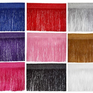 Könnte beinhalten: Sortiment aus 10 Farben Fransenbesatz, jede Farbe wird in einer separaten Reihe gezeigt. Die Farben sind: marineblau, rot, silber, braun, lila, rosa, schwarz, weiß, fuchsia und türkis.