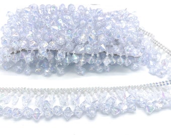 MNJ Trimmings Costume de bordure en dentelle avec franges en perles de cristal acrylique, perles argentées brillantes, 1 mètre