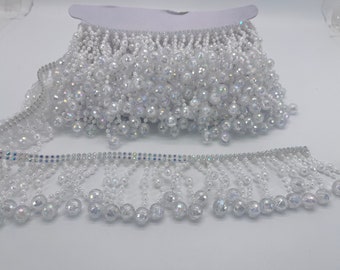 Déguisement bordure en dentelle à franges, perles et cristaux acryliques argentés brillants, 1 mètre