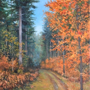 Autumn forest road. Original oil painting on a stretched canvas. Landscape. Nature Scenery. Original Art Gift.