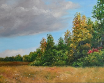 Autumn day. Original oil painting on a stretched canvas. Landscape. Art Gift.  Scenery.