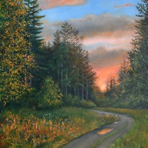 Forest road. Sunset. Original oil painting on canvas. Impressionist style. Original Art Gift. Nature Scenery.