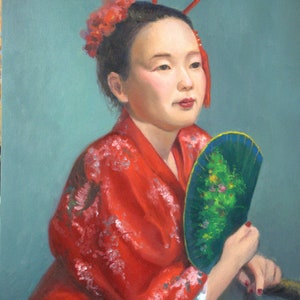 A girl with a fan. Original oil painting. Vintage style. Canvas board. Art collectible.