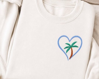 Embroidered Beach Palm Tree Summer Crewneck Sweatshirt, Coastal Vacation Shirt