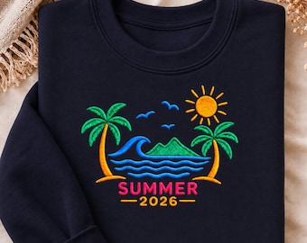 Embroidered Beach Palm Tree Summer Crewneck Sweatshirt, Coastal Vacation Shirt