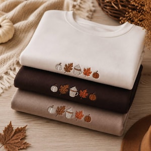 Broderad hösttröja, höstpumpa-kaffe-rundkrage, mysig Thanksgiving-tröja
